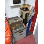 A Three Drawer Metal Storage Cabinet, containing gauging tools, floor pillar drill stand, together