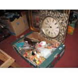 Box of Dolls etc, quartz clock, together with a XIX Century style print.