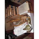 Pottery Lamp, wool winder, bead head cloth, etc:- One Box, together with wine rack and stool