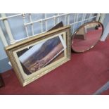 Early XX Century Oval Bevelled Wall Mirror, in reeded brass frame and colour print.