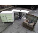 Two Treadle Sewing Machine Frames, two tin trunks and a circa 1940's enamel topped kitchen