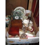 An Oak Box, musical box, glass framed mantel clock, cabinet plate, limoge china, onyx wares, crystal