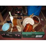 Stoneware Kitchen Bowls, casseroles, Hornsea storage jars, Nutbrown rolling pin, etc:- Two boxes