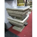 A Pair of Concrete Garden Planters, of square section with relief moulded decoration, 52cms wide.