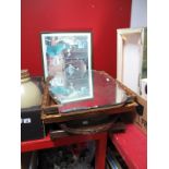 A Circa 1940's Shaped Rectangular Bevelled Wall Mirror, bed tray, gilt framed prints, etc.