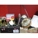 Footstool, wall clock, table lamp, LP's, Lego, trinket box, linen, etc. :- Two Boxes