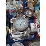 Cutlery, grape scissors, glass bowl, quartz mantel clock, etc:- One tray