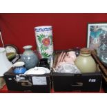 Vases, stick stand, dinner ware, etc:- Two boxes