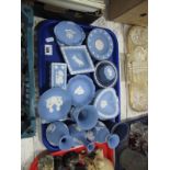 Wedgwood Pale Blue Jasper ware, vases, pin trays, trinket boxes, etc. :- One Tray