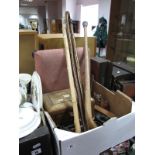 A Victorian Footstool, (re-upholstered), together with a Victorian workbox containing smoking pipes,