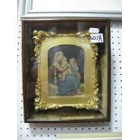 A XIX Century Gesso Frame, decorated with floral decoration, with a print of Mary and child in a