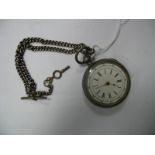 Silver Hallmarked Pocketwatch, together with silver Albert chains, (crack to dial).