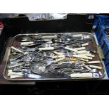 Sardine Tongs, bread knife, aspostle spoons, other cutlery:- One Tray