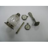 Two Silver Ladies Fob watches, rattle, pencil, scent bottle.