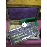 Brass Geometry Set, including bone dividers in rosewood case, having blank name cartouchs.