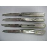 Four Hallmarked and Part hallmarked Silver and Mother of Pearl Folding Fruit Knives, two with