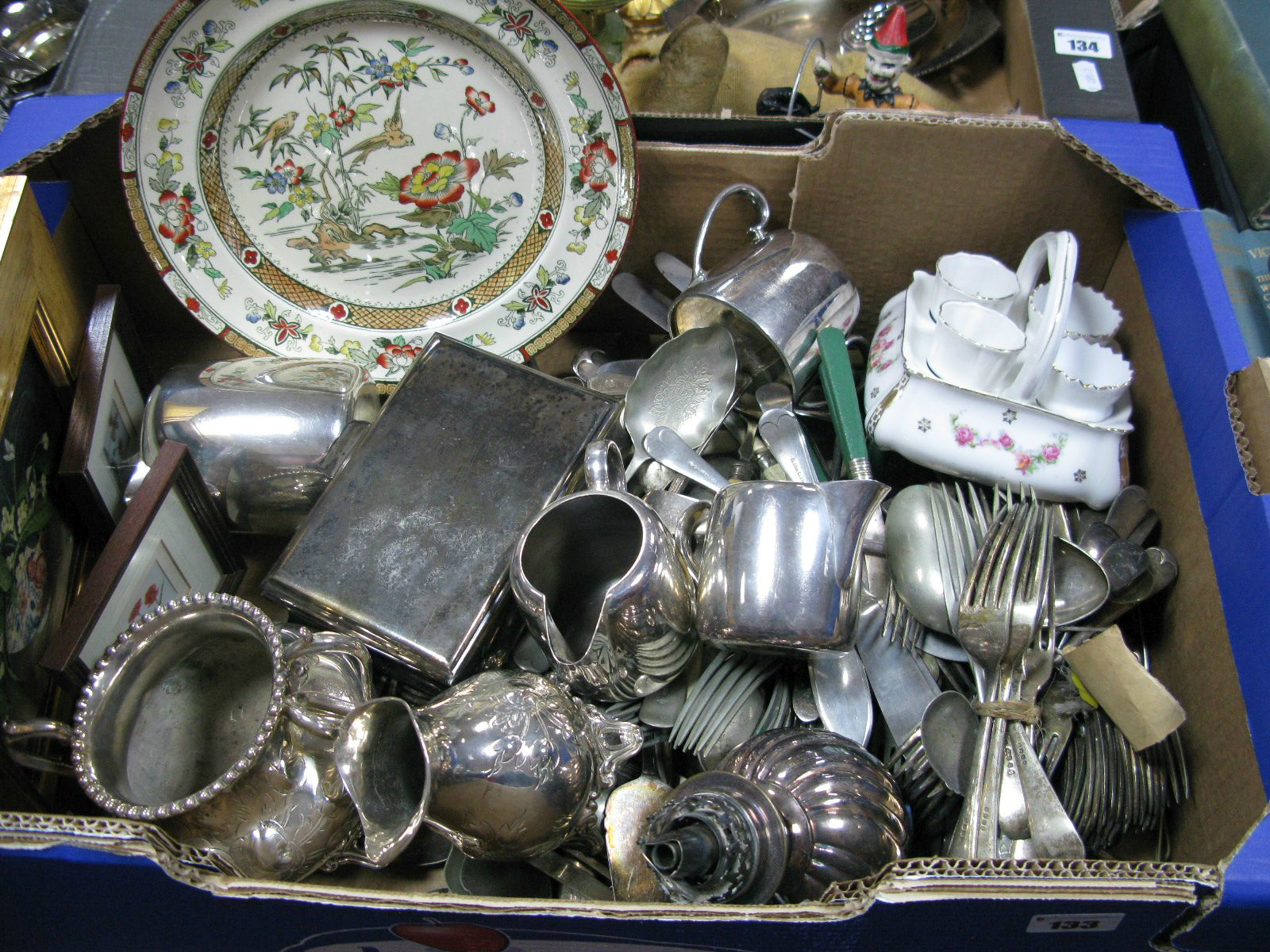 A Quantity of Cutlery, Edwardian egg cruet, plated oil lamps and teaware, prints, etc:- One Box