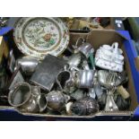 A Quantity of Cutlery, Edwardian egg cruet, plated oil lamps and teaware, prints, etc:- One Box