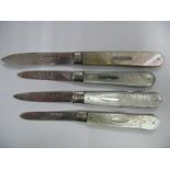 Four Hallmarked Silver and Mother of Pearl Folding Fruit Knives, three with decorative scales. (4)