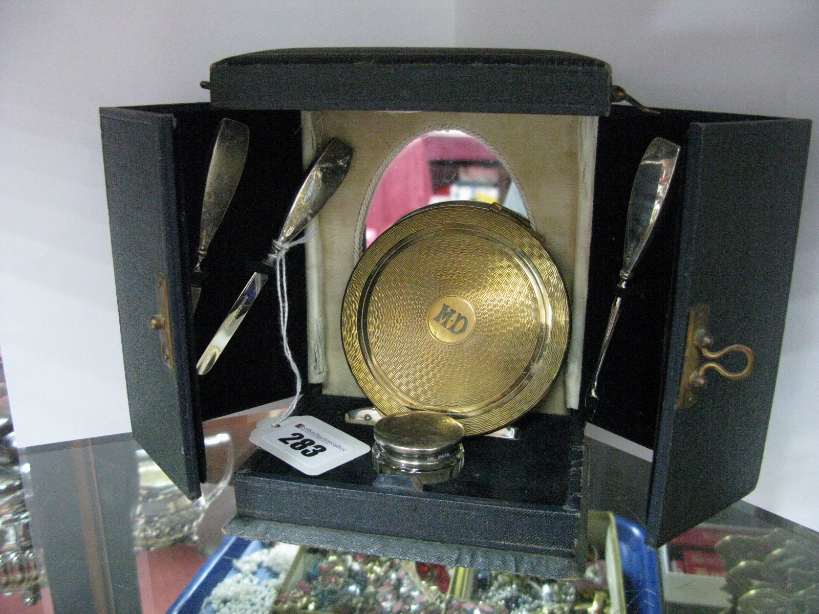 A Hallmarked Silver Mounted Six Piece Manicure Set, contained in an upright case with oval mirror;