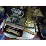 Octagonal Hydra Jug, Acctim mantle clock, ruler, cigar cutter, pens:- One Tray