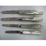 Four Hallmarked Silver and Mother of Pearl Folding Fruit Knives, one named "Shena". (4)