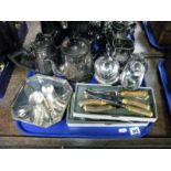 Six Walker & Hall Stag Handled Steak Knives and Forks, sugar helmets, plated teapots, comport, etc:-