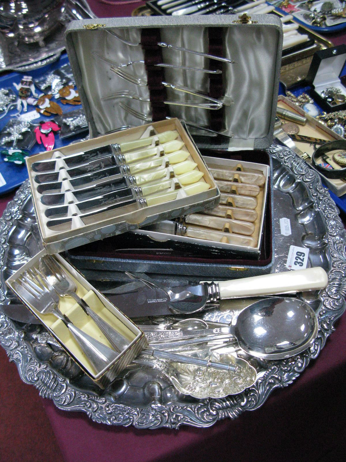 Plated Tray, with scroll border on three feet (one damaged, Alpin, Gilpin, Majestic cased cutlery,