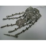 A Hallmarked Silver Chatelaine, the pierced panel with skirt clip, suspending five drops each with