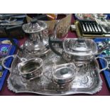 A Plated Four Piece Tea Set, each of oval form, a rectangular twin handled plated tray.