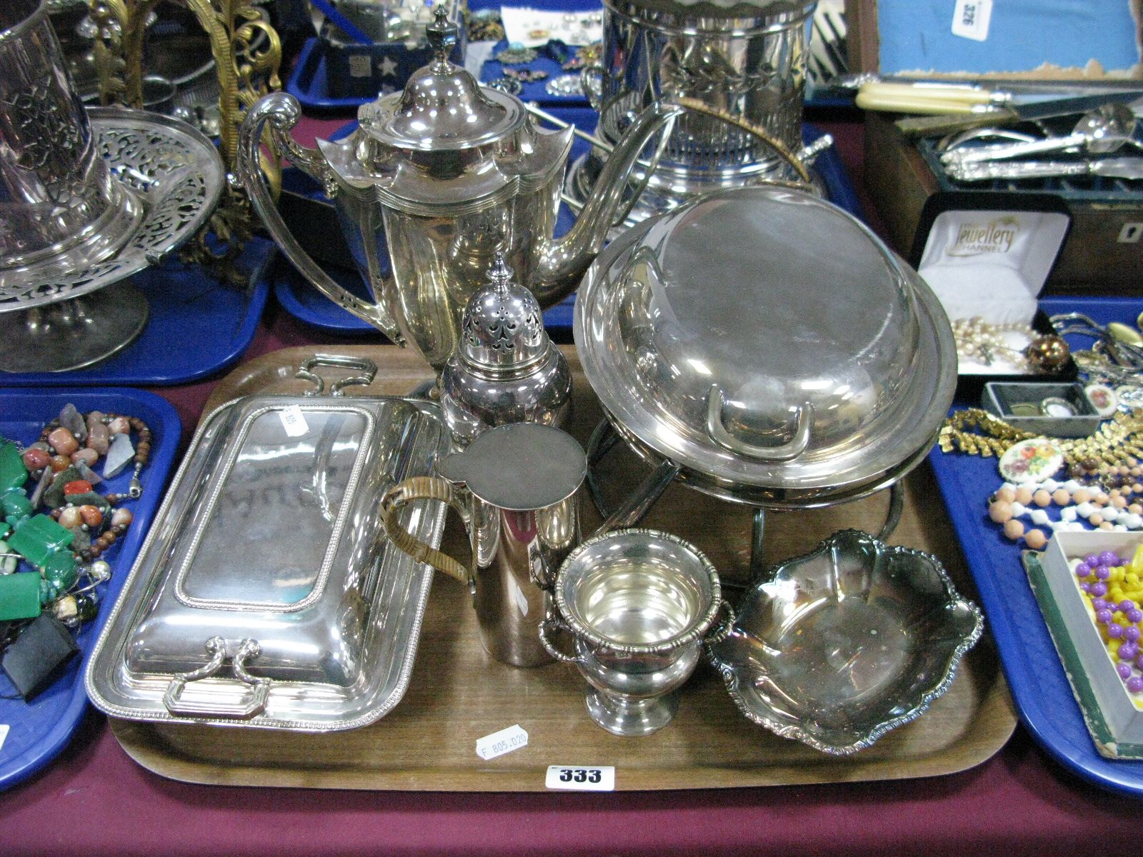 Walker & Hall Hexagonal Plated Coffee Pot, Pearce & Sons entree dish, another on stand, Mappin &