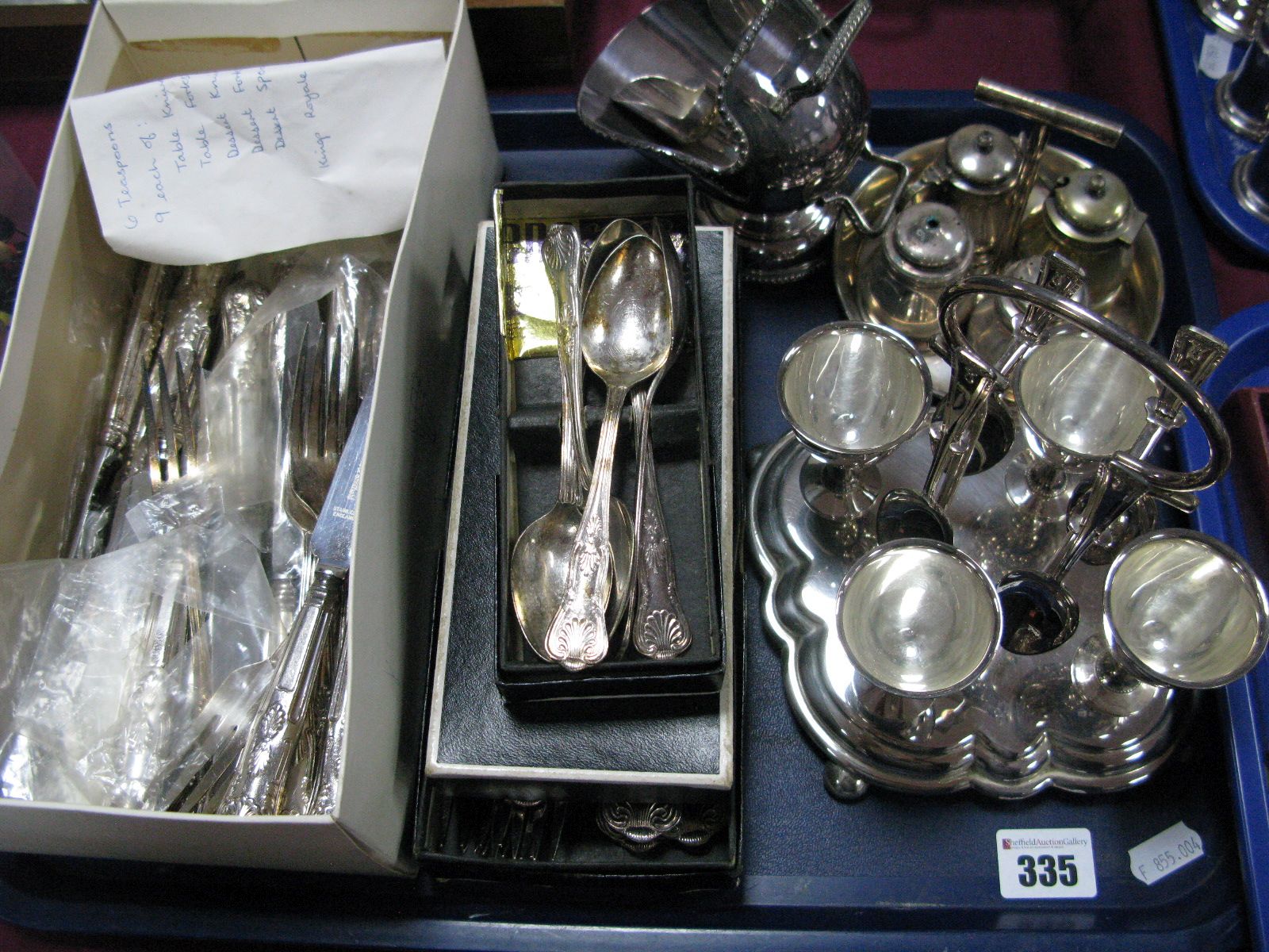 Cased and Loose Viners Kings Pattern Cutlery, sugar helmet, cruet and condiment sets:- One Tray