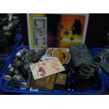 Antimony Box, white metal thimbles, pin badges, photo frame, pre decimal coinage, eye baths,