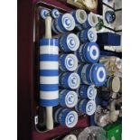 Cornish Blue and White Kitchenware, eight TG Green 9cms high spice storage jars, including "