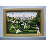 A Moorcroft Pottery Rectangular Plaque, decorated with the Birth of Rugby design by Paul Hilditch,