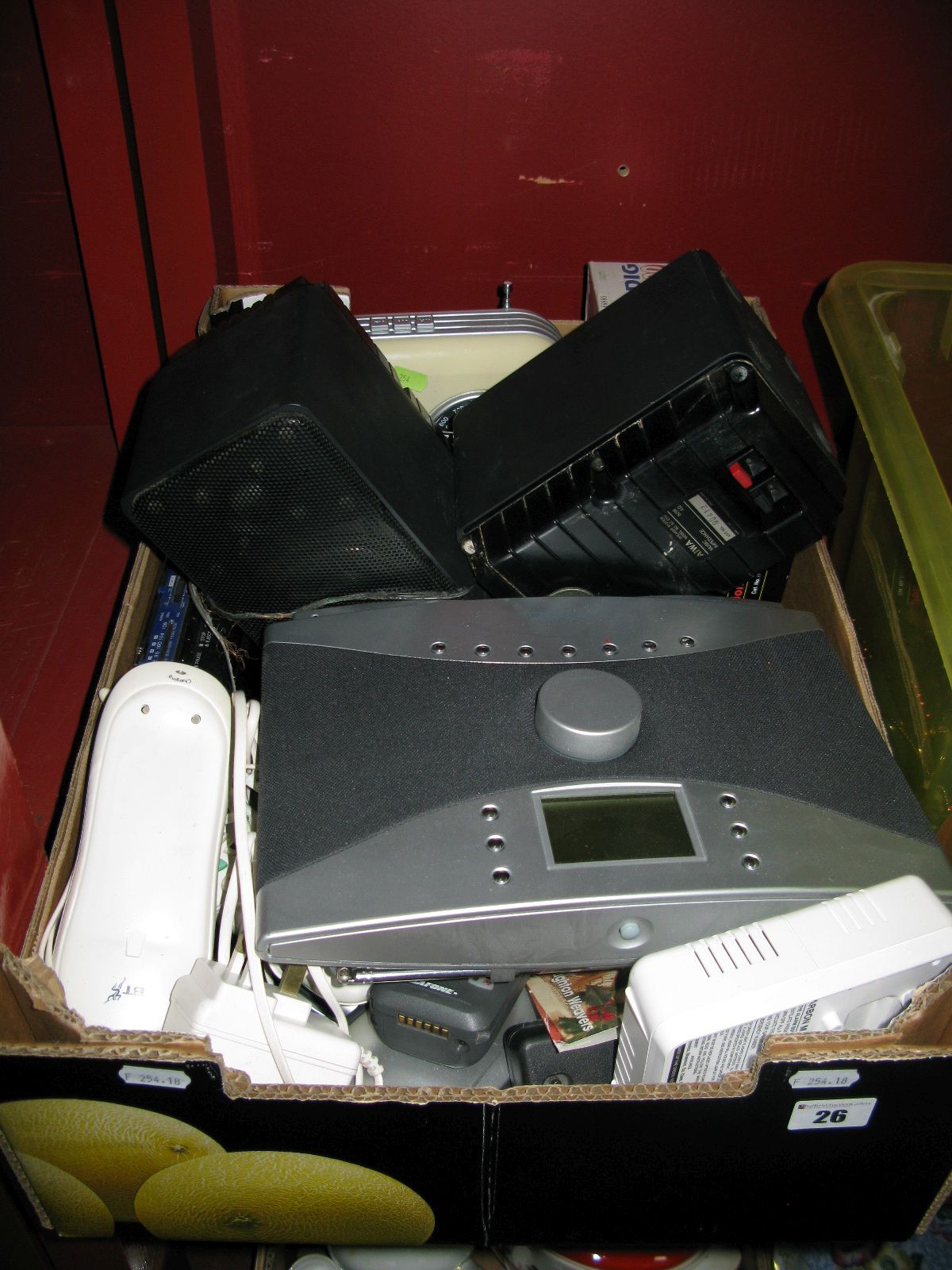 A Morphy Richards DAB Radio, Aiwa speakers, transistor radios, phones, etc:- One Box