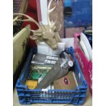 A Carved Soft Mounted Wood Stags Head, face value stamp presentation packs, valve, gauges, playing