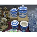 Four Modern Cloverleaf T.G. Green Blue and White Cornish Ware Jars, including coffee, biscuits,