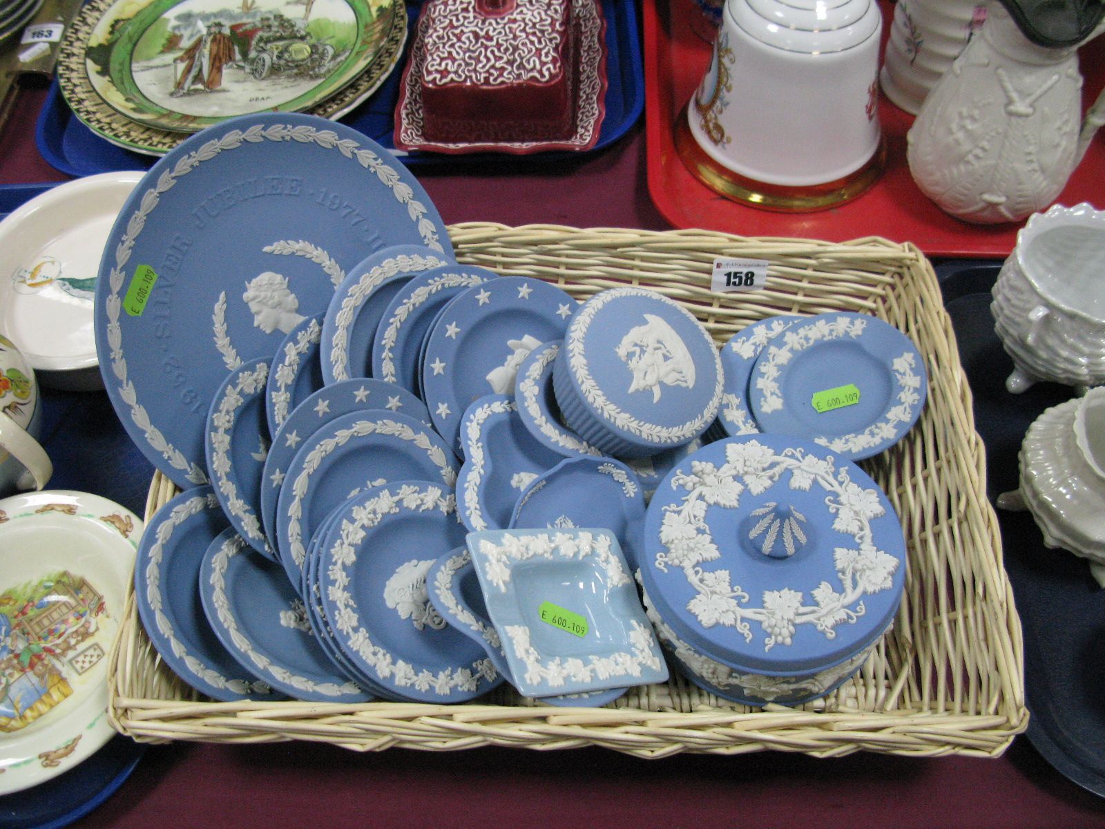 A Collection of Assorted Wedgwood Blue and White Jasperware, in a basket.