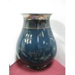 Wedgwood Blue Pottery Bulbous Vase, with silver lustre decoration, 22cms high.