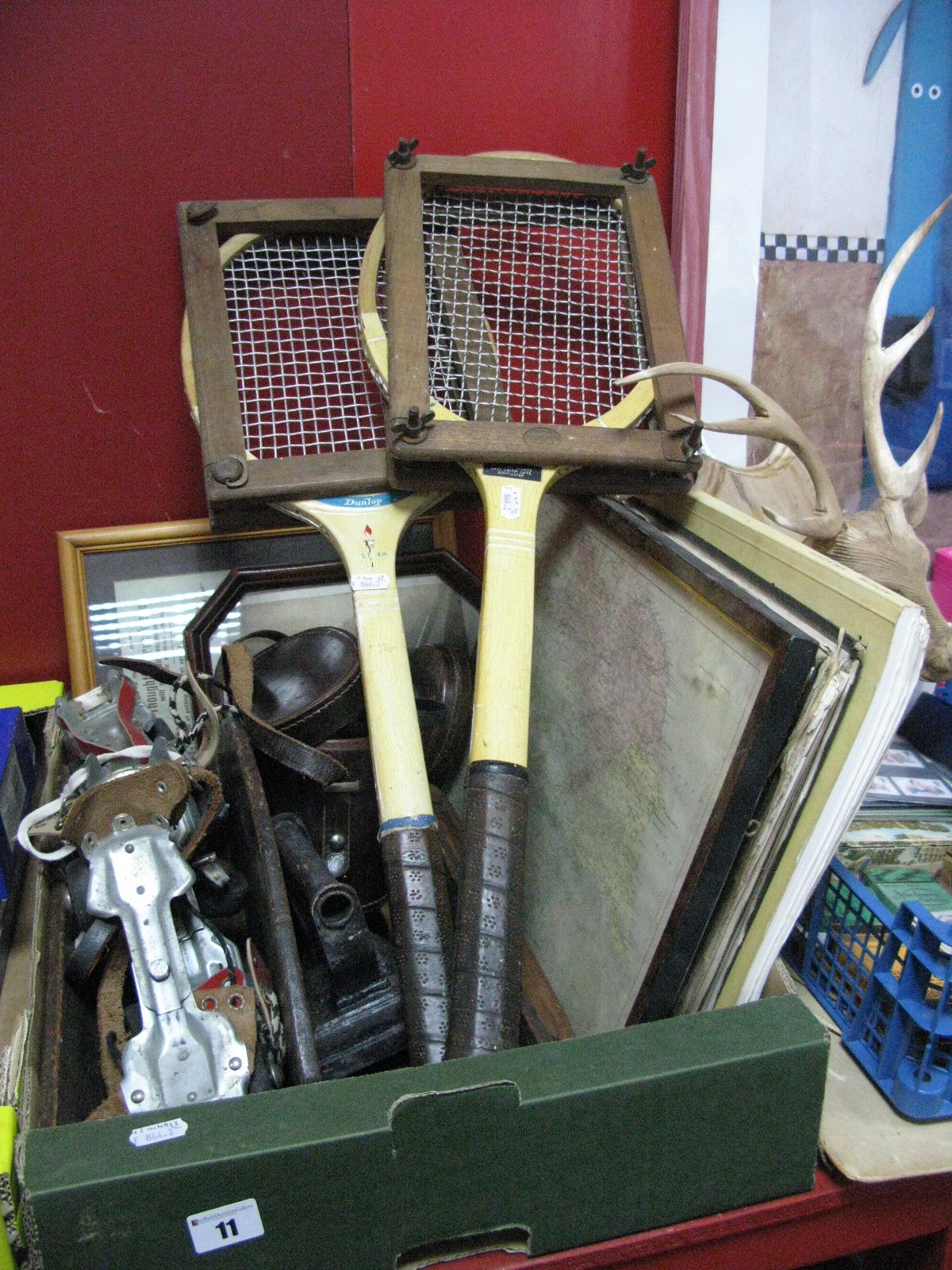 Two Vintage Wooden Tennis Rackets, (with head frames), mid XX Century roller skates, a XIX century