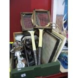 Two Vintage Wooden Tennis Rackets, (with head frames), mid XX Century roller skates, a XIX century