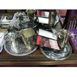 Assorted Plated Ware, including trays, bottle holder, ice buckets, tongs, cased knives, vases, etc.