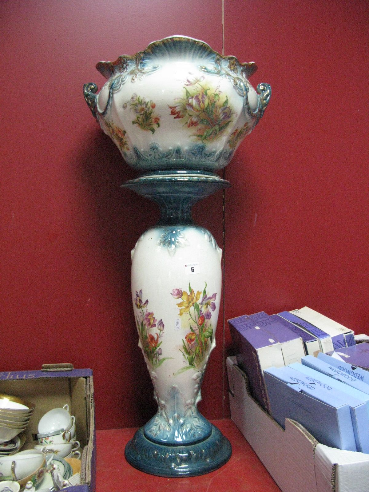 A Late XIX Century Pottery Jardiniere and Stand, printed and gilt dusted decoration of flowers and