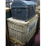 An Early XX Century Metal Dome Topped Trunk, together with a large wicker basket having initials F&M