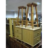 A Pair of Modern Pine two heights Bedside Chests, two pine bar stools, open shelves and plant stand.