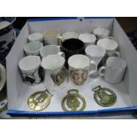 Fourteen Commemorative Mugs, 1953 to 2002; plus three commemorative horse brasses - 1953 coronation,