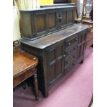 A Dark Ercol Style Court Cupboard Top, with twin panelled cupboard doors over bank of four short