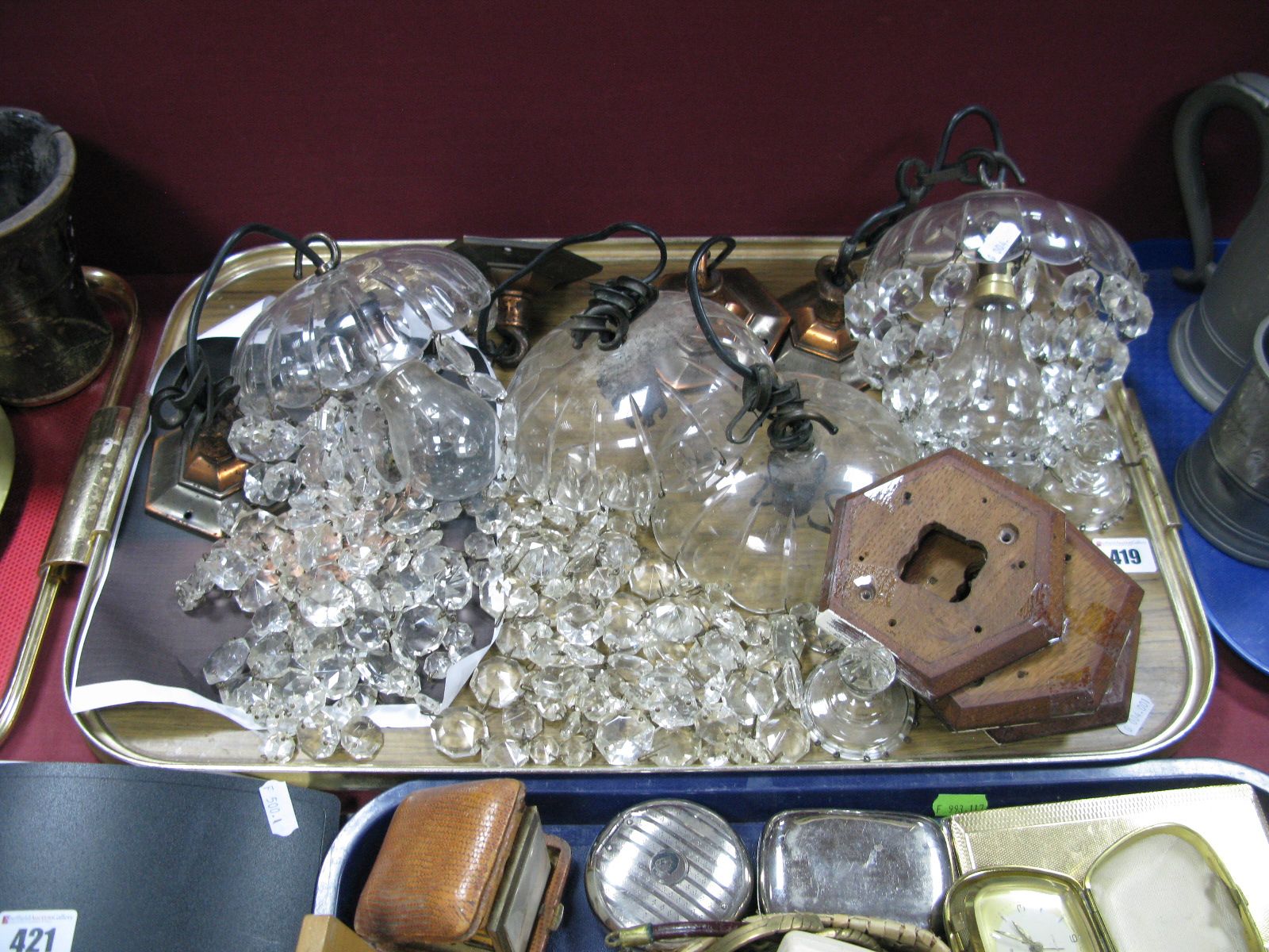 A Set of Four Crystal Glass Ceiling Lights, circa 1930 having faceted lustre drops and hexagonal oak