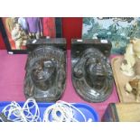 Two Oak Craved Mask Corbels, circa 1900, one as tiara wearing maiden. the other similar with wavy